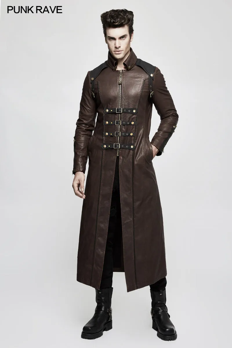 Winter Men Long Leather Punk Coat With Stand-up Collar