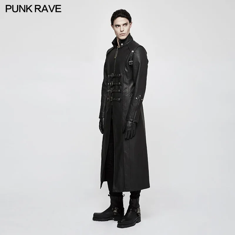 Winter Men Long Leather Punk Coat With Stand-up Collar