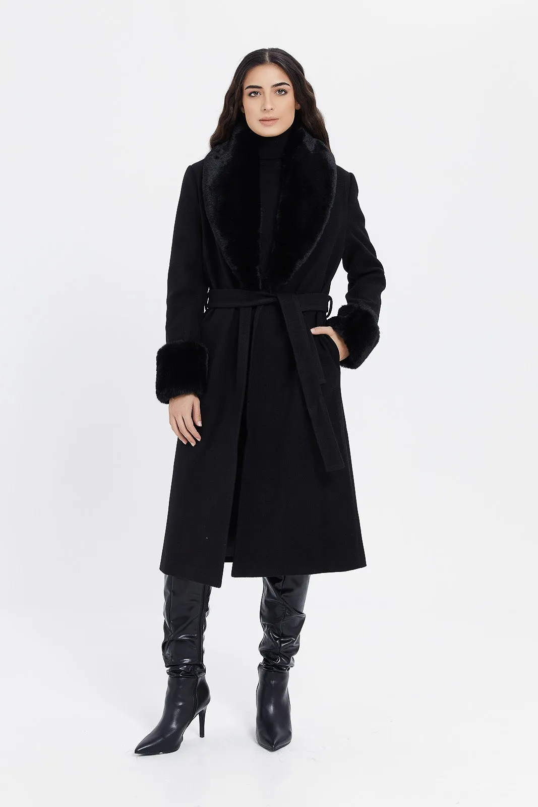 Women Black Faux Fur Belted Coat