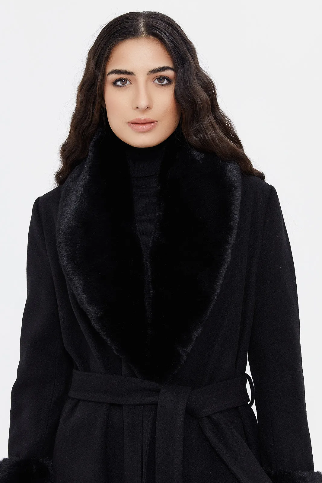 Women Black Faux Fur Belted Coat