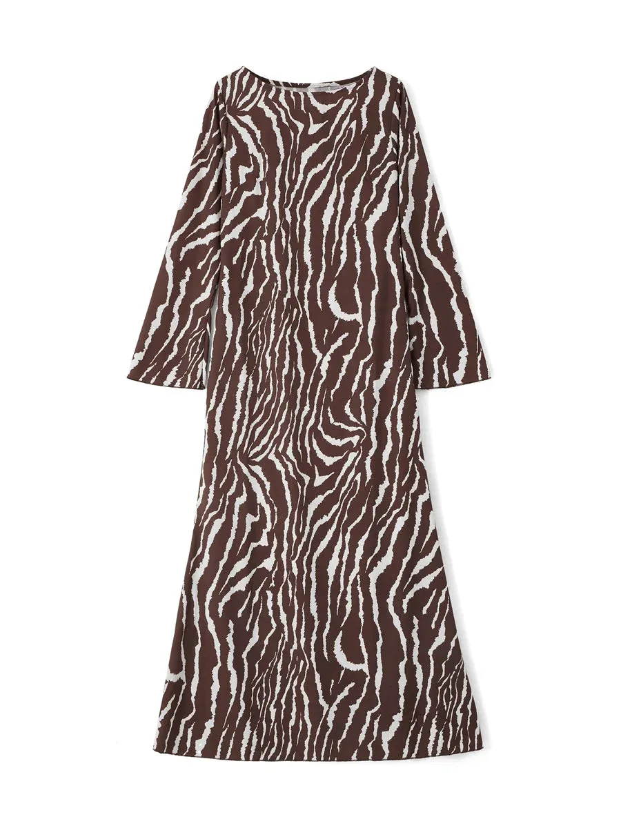 Women Leisure Style Zebra Print Long Dress Retro Casual Long Sleeve Flared Cuff Round Collar Slim Fit Summer Dresses Vintage 70s