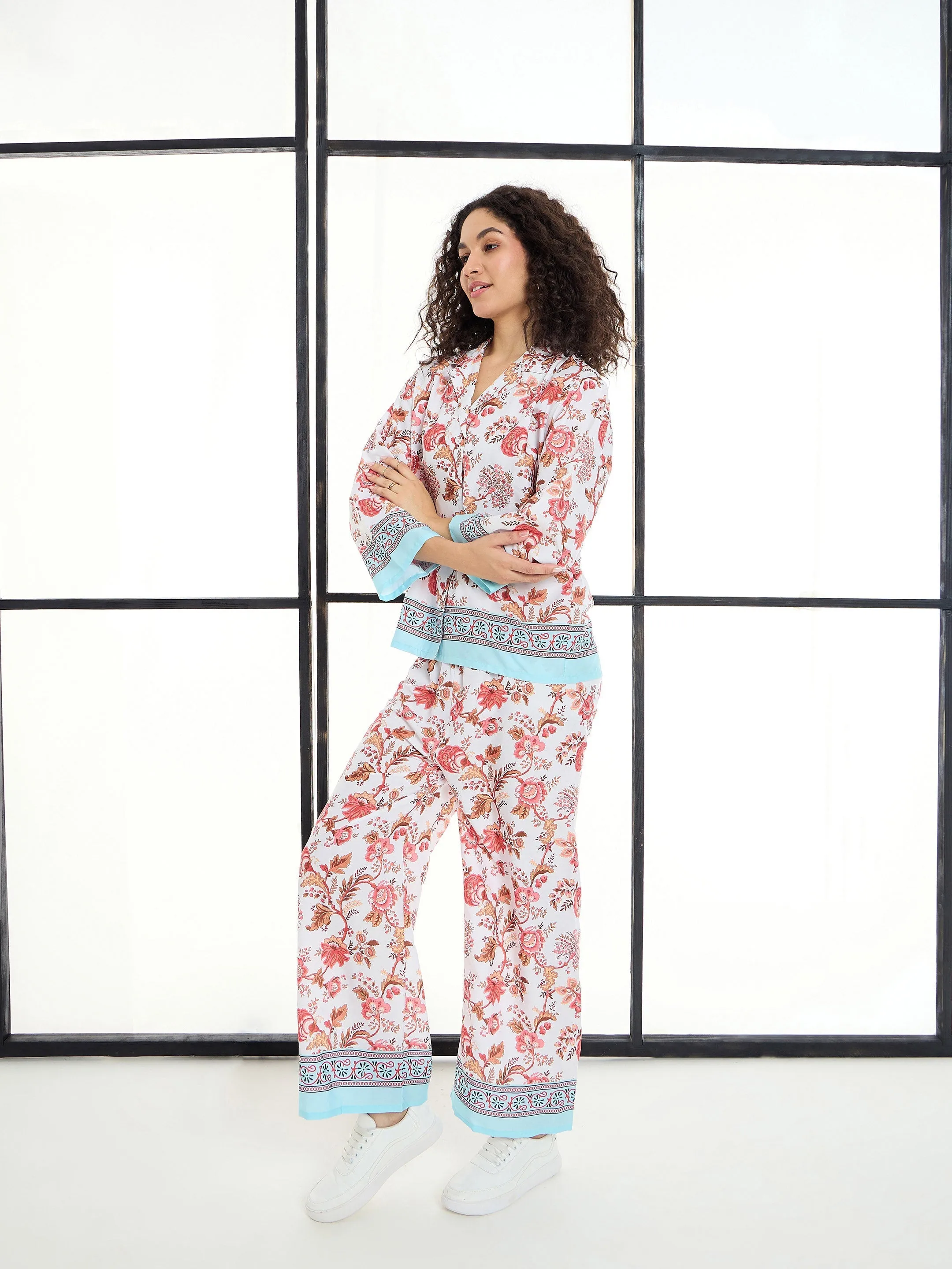 Women White & Sky Blue Tropical Notch Collar Shirt With Lounge Pants