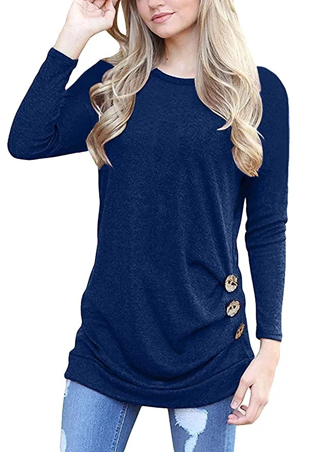 Women's Casual Long Sleeve Round Neck Loose Tunic T Shirt Blouse Tops