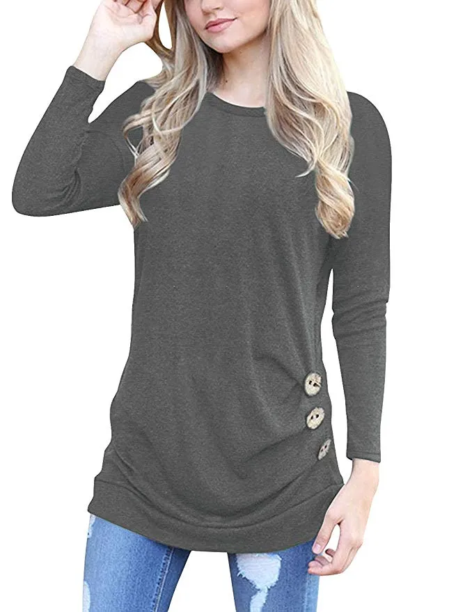 Women's Casual Long Sleeve Round Neck Loose Tunic T Shirt Blouse Tops