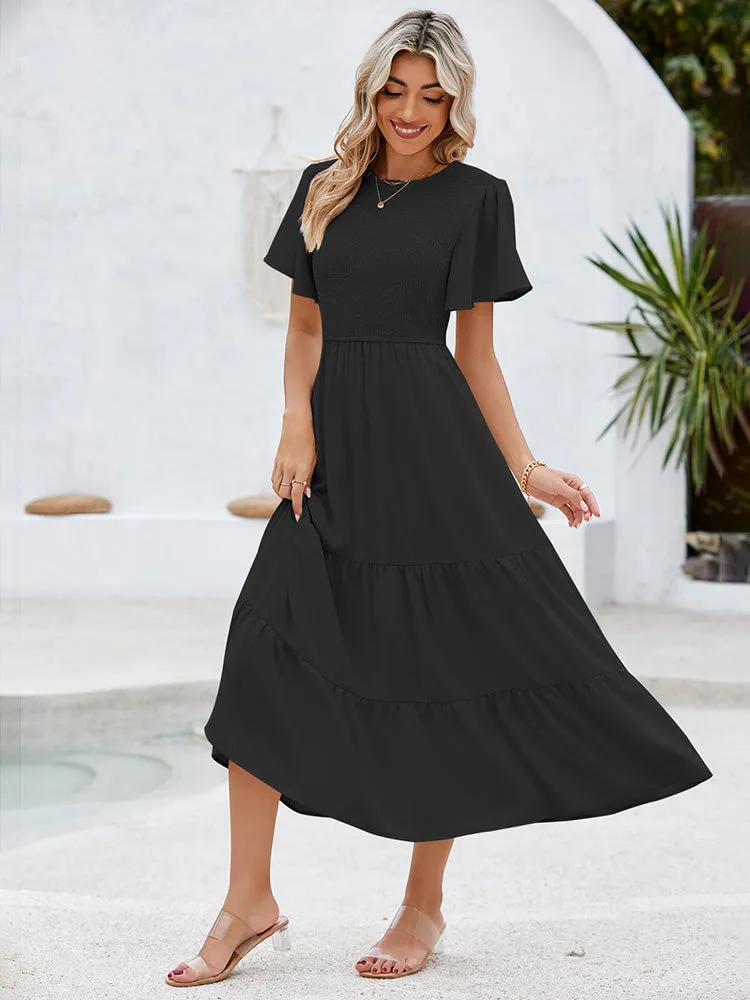 Women's Casual Maxi Dresses with Pockets Ruffle Sleeve Smocked Dress