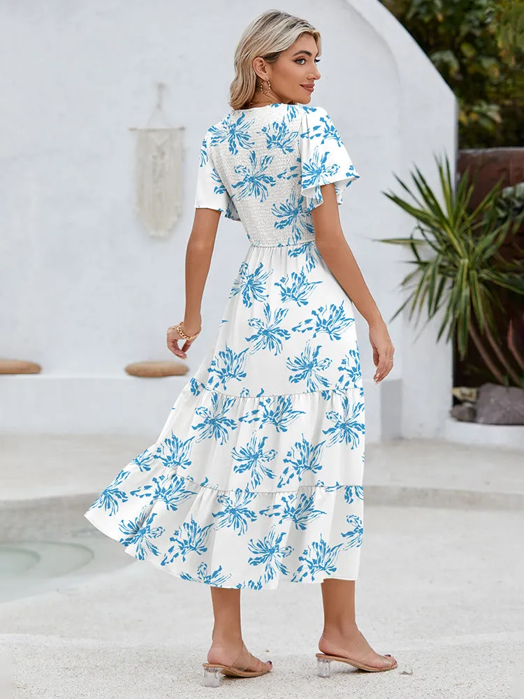 Women's Casual Maxi Dresses with Pockets Ruffle Sleeve Smocked Dress