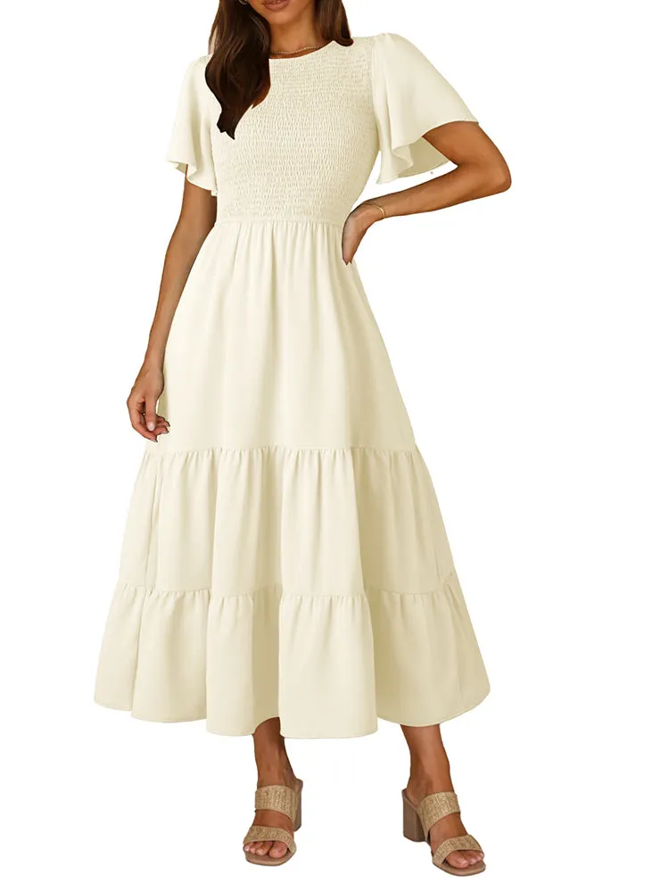 Women's Casual Maxi Dresses with Pockets Ruffle Sleeve Smocked Dress