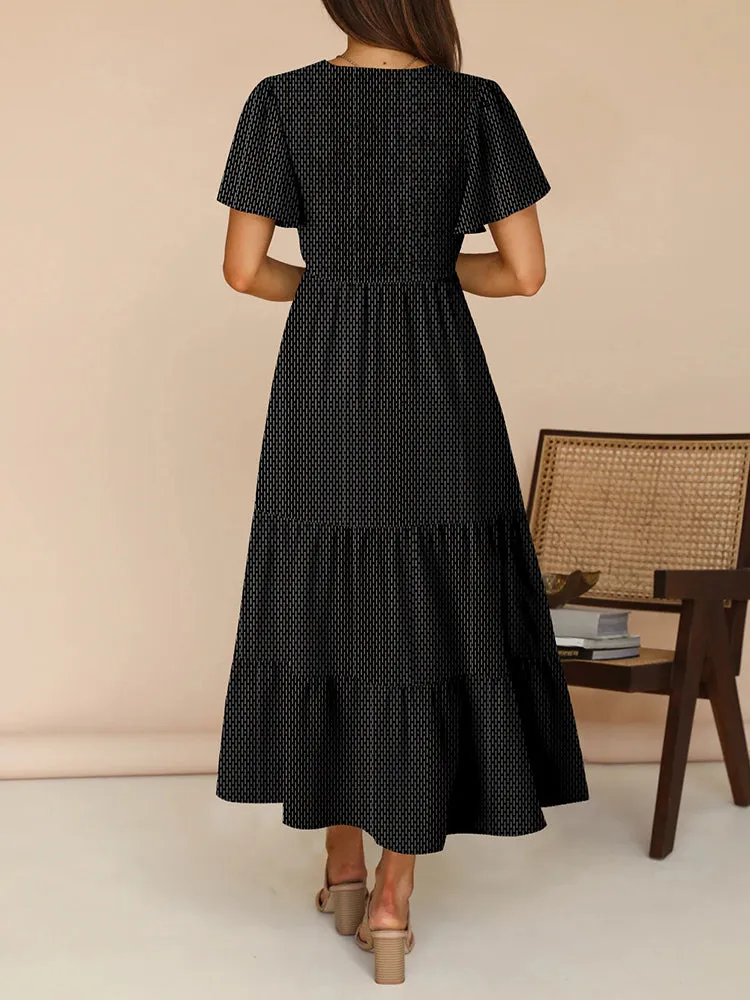 Women's Casual Maxi Dresses with Pockets Ruffle Sleeve Smocked Dress