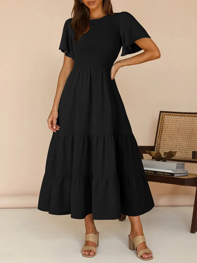 Women's Casual Maxi Dresses with Pockets Ruffle Sleeve Smocked Dress