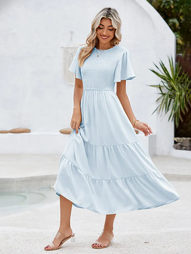 Women's Casual Maxi Dresses with Pockets Ruffle Sleeve Smocked Dress