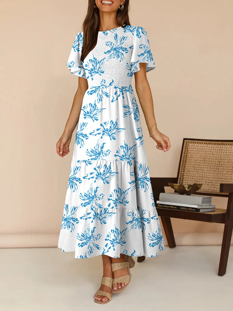 Women's Casual Maxi Dresses with Pockets Ruffle Sleeve Smocked Dress