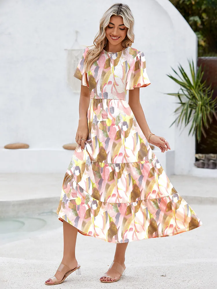 Women's Casual Maxi Dresses with Pockets Ruffle Sleeve Smocked Dress