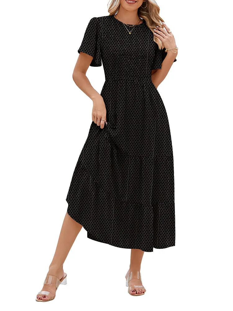 Women's Casual Maxi Dresses with Pockets Ruffle Sleeve Smocked Dress