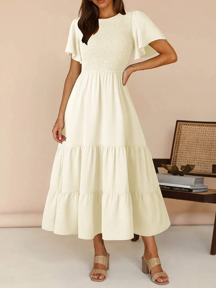 Women's Casual Maxi Dresses with Pockets Ruffle Sleeve Smocked Dress