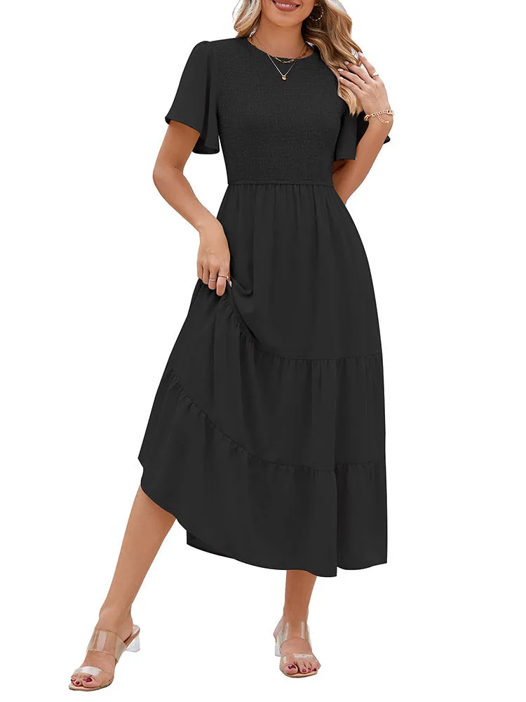 Women's Casual Maxi Dresses with Pockets Ruffle Sleeve Smocked Dress