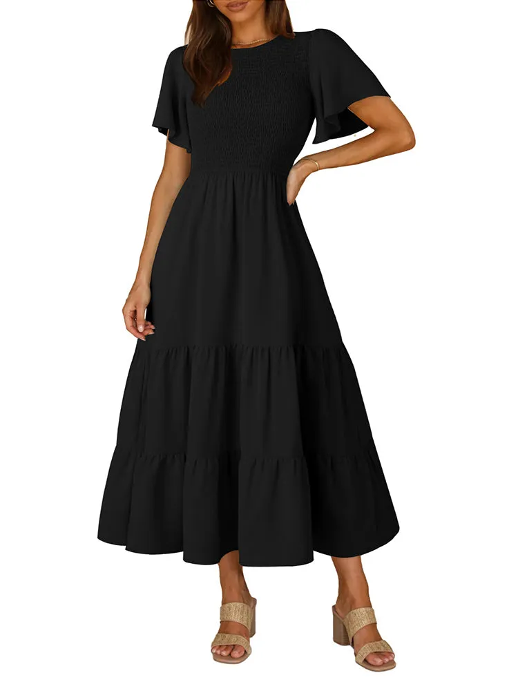 Women's Casual Maxi Dresses with Pockets Ruffle Sleeve Smocked Dress