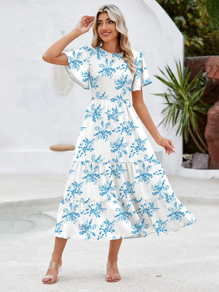 Women's Casual Maxi Dresses with Pockets Ruffle Sleeve Smocked Dress