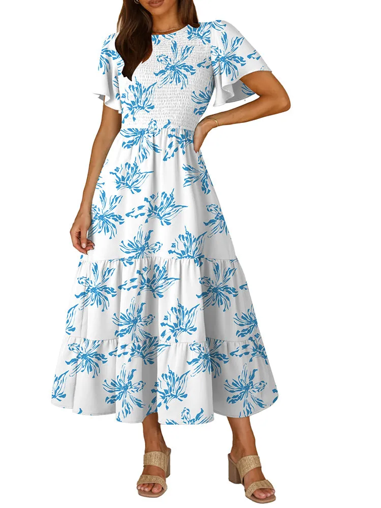 Women's Casual Maxi Dresses with Pockets Ruffle Sleeve Smocked Dress