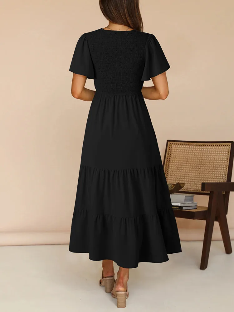 Women's Casual Maxi Dresses with Pockets Ruffle Sleeve Smocked Dress