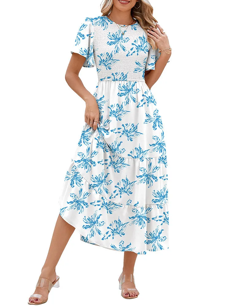 Women's Casual Maxi Dresses with Pockets Ruffle Sleeve Smocked Dress