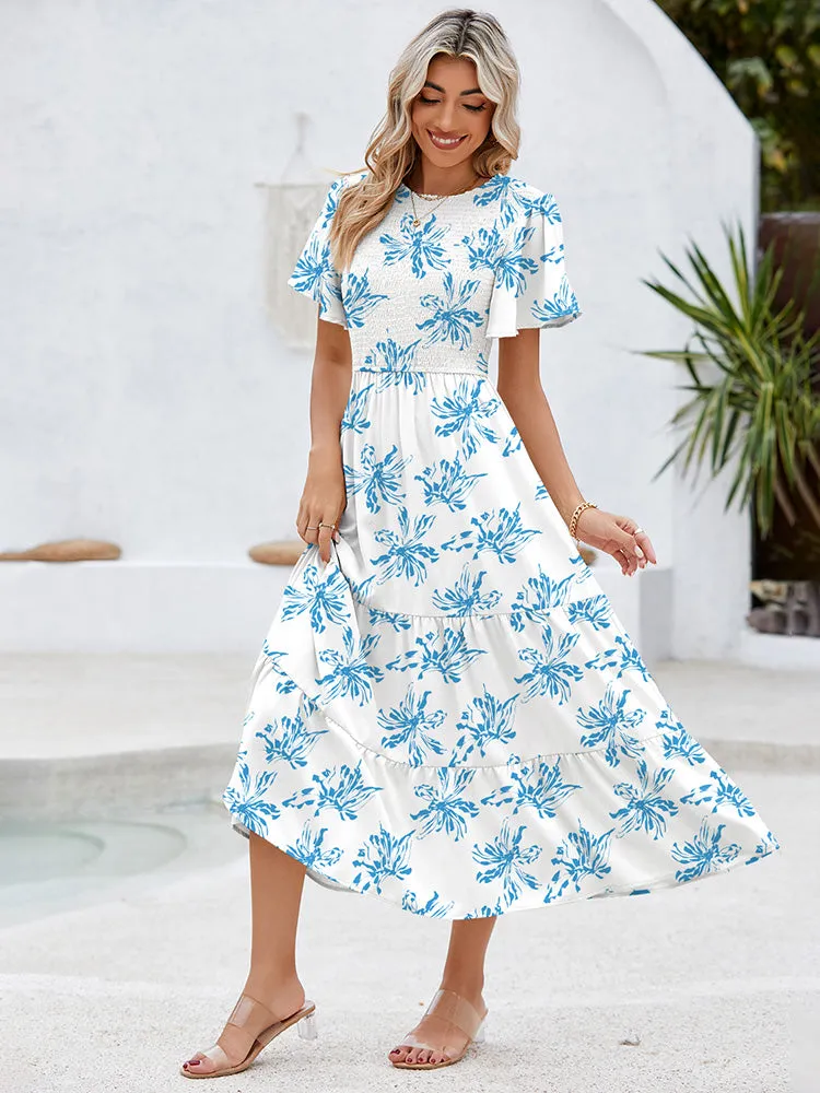 Women's Casual Maxi Dresses with Pockets Ruffle Sleeve Smocked Dress