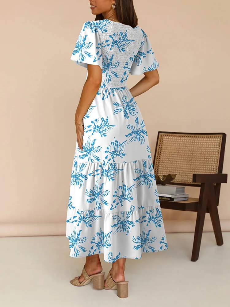 Women's Casual Maxi Dresses with Pockets Ruffle Sleeve Smocked Dress