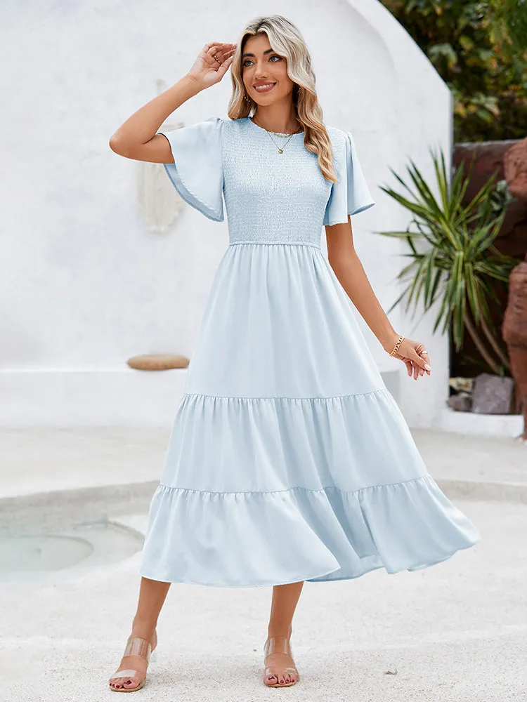 Women's Casual Maxi Dresses with Pockets Ruffle Sleeve Smocked Dress