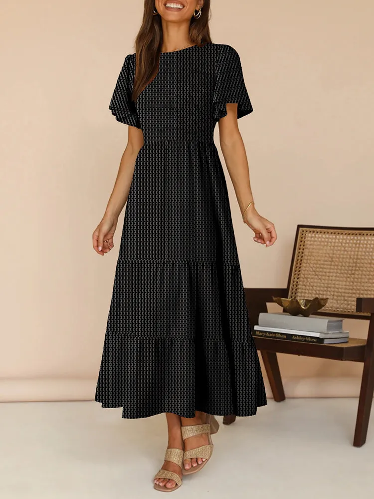 Women's Casual Maxi Dresses with Pockets Ruffle Sleeve Smocked Dress