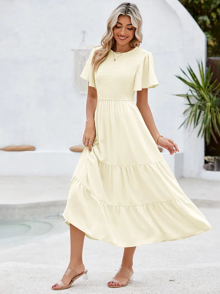 Women's Casual Maxi Dresses with Pockets Ruffle Sleeve Smocked Dress