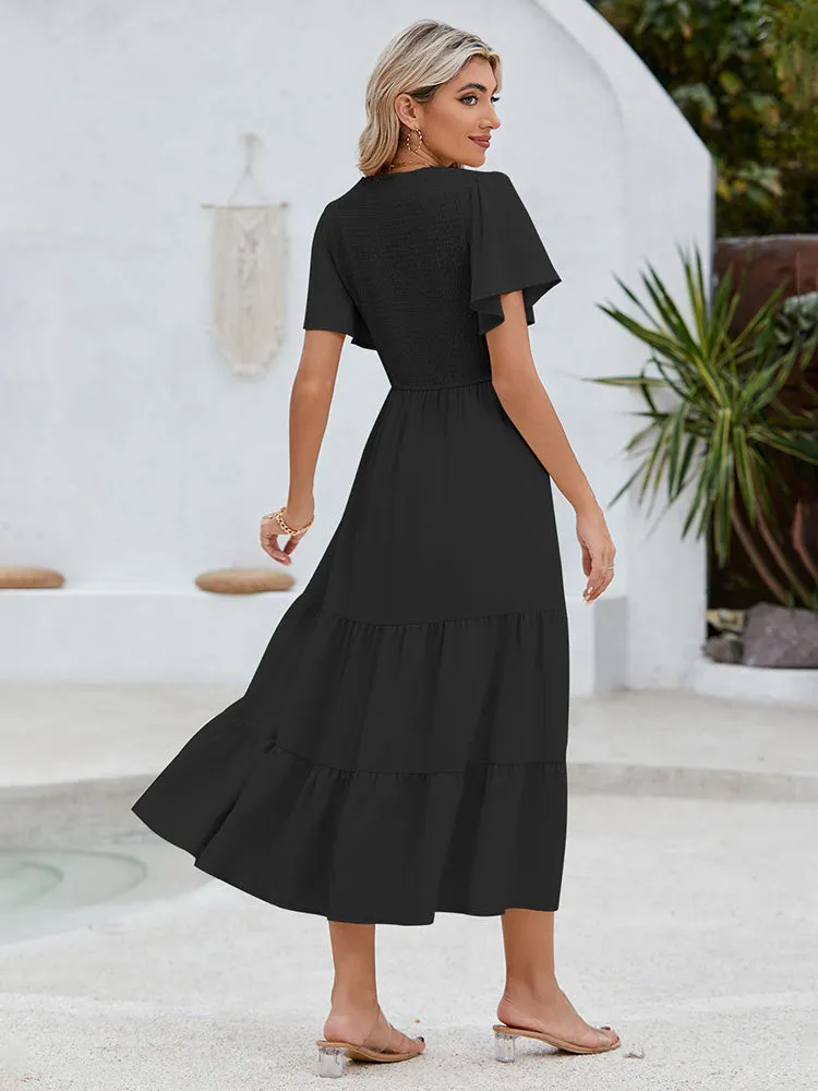 Women's Casual Maxi Dresses with Pockets Ruffle Sleeve Smocked Dress