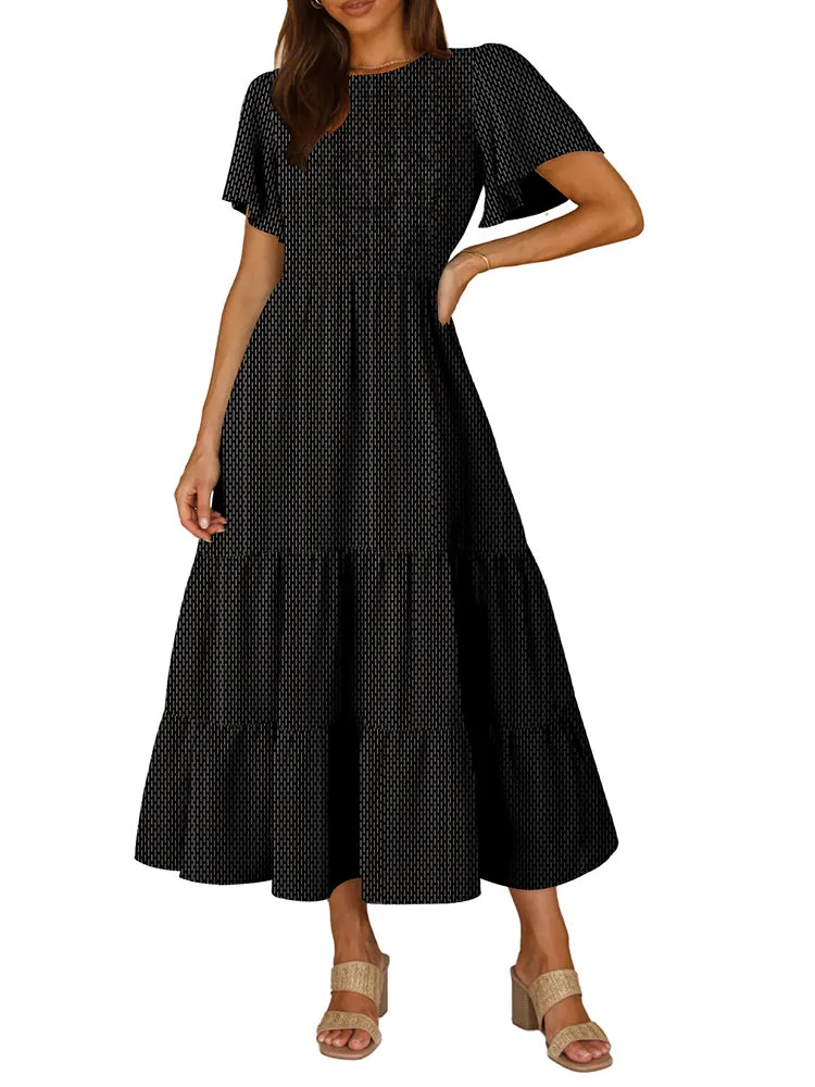 Women's Casual Maxi Dresses with Pockets Ruffle Sleeve Smocked Dress