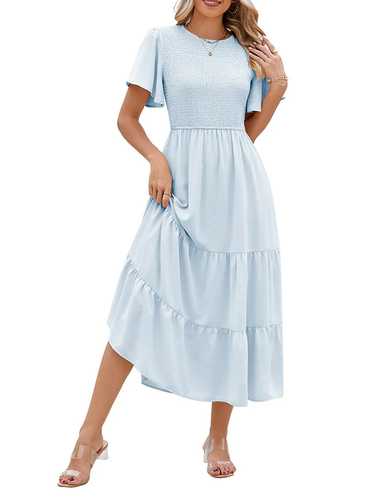 Women's Casual Maxi Dresses with Pockets Ruffle Sleeve Smocked Dress