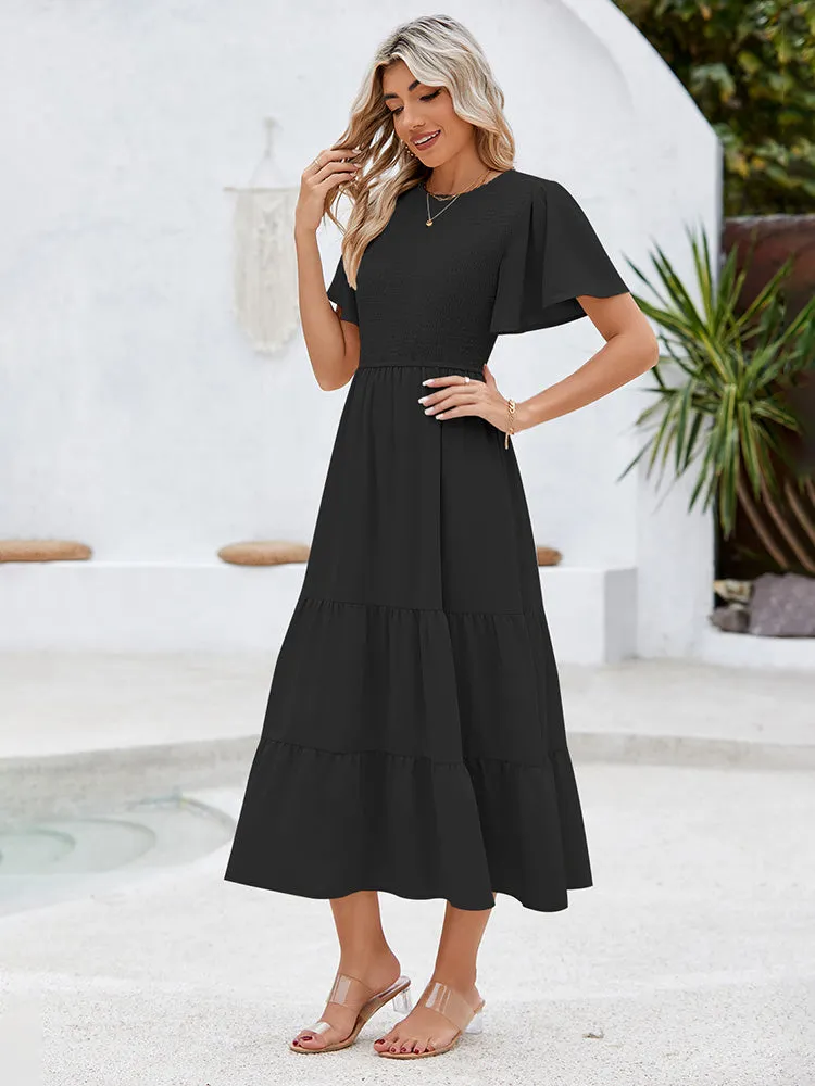 Women's Casual Maxi Dresses with Pockets Ruffle Sleeve Smocked Dress