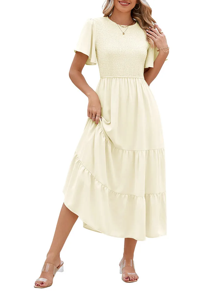 Women's Casual Maxi Dresses with Pockets Ruffle Sleeve Smocked Dress