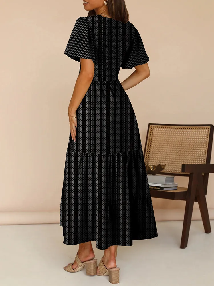 Women's Casual Maxi Dresses with Pockets Ruffle Sleeve Smocked Dress