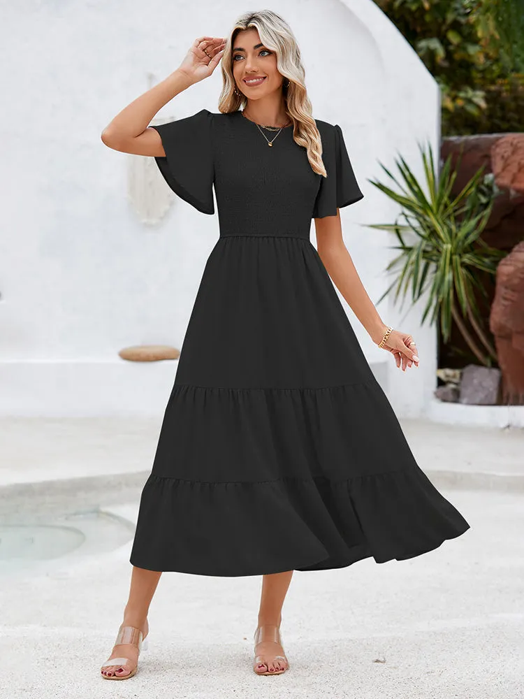 Women's Casual Maxi Dresses with Pockets Ruffle Sleeve Smocked Dress