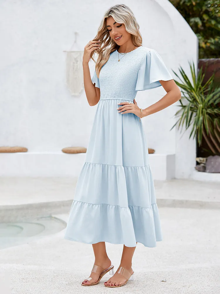 Women's Casual Maxi Dresses with Pockets Ruffle Sleeve Smocked Dress