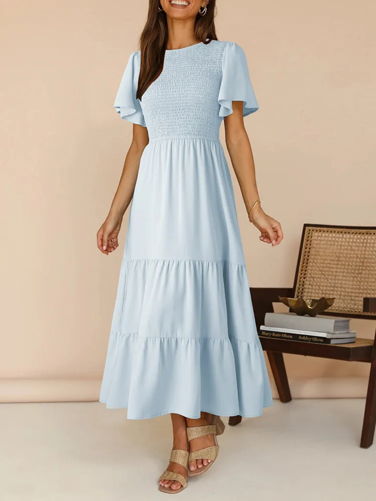 Women's Casual Maxi Dresses with Pockets Ruffle Sleeve Smocked Dress