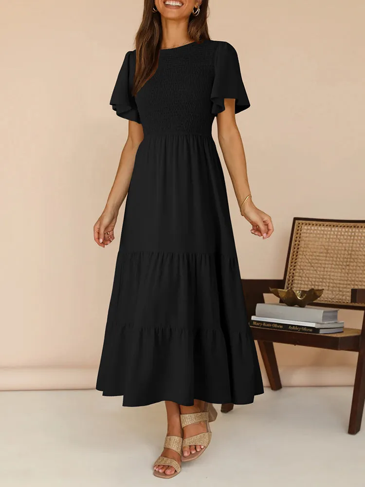 Women's Casual Maxi Dresses with Pockets Ruffle Sleeve Smocked Dress