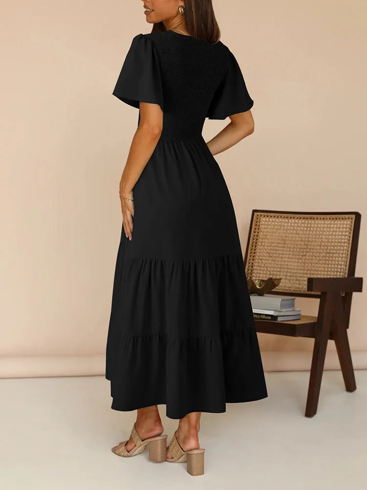 Women's Casual Maxi Dresses with Pockets Ruffle Sleeve Smocked Dress