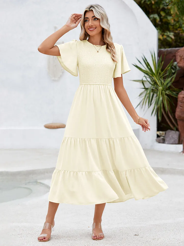 Women's Casual Maxi Dresses with Pockets Ruffle Sleeve Smocked Dress