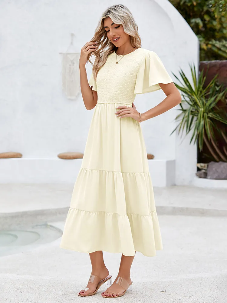 Women's Casual Maxi Dresses with Pockets Ruffle Sleeve Smocked Dress