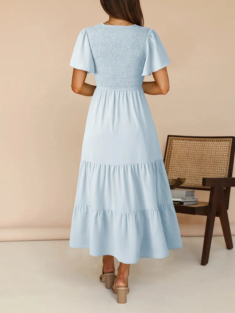 Women's Casual Maxi Dresses with Pockets Ruffle Sleeve Smocked Dress