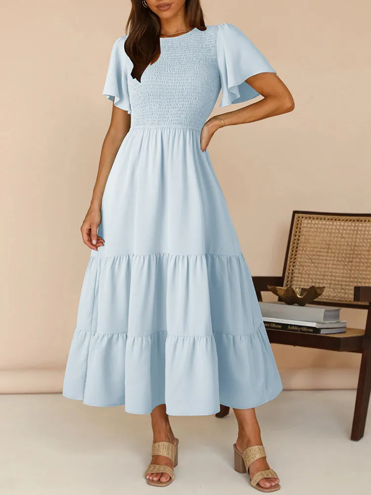 Women's Casual Maxi Dresses with Pockets Ruffle Sleeve Smocked Dress