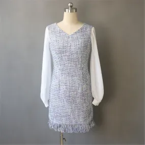 Women's Designer Inspired Custom Made Long Sleeve Tweed Dress Blue