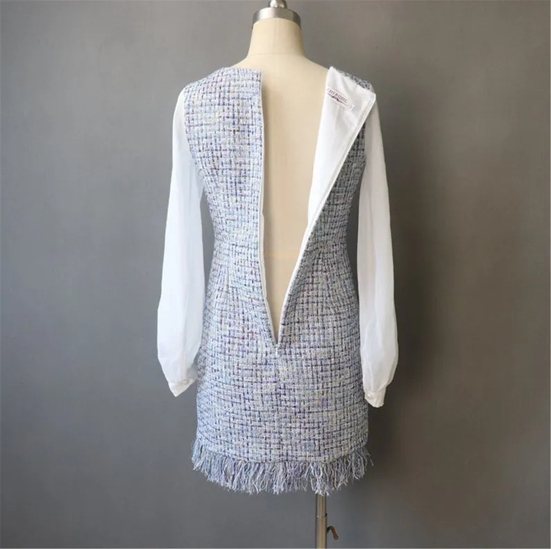 Women's Designer Inspired Custom Made Long Sleeve Tweed Dress Blue