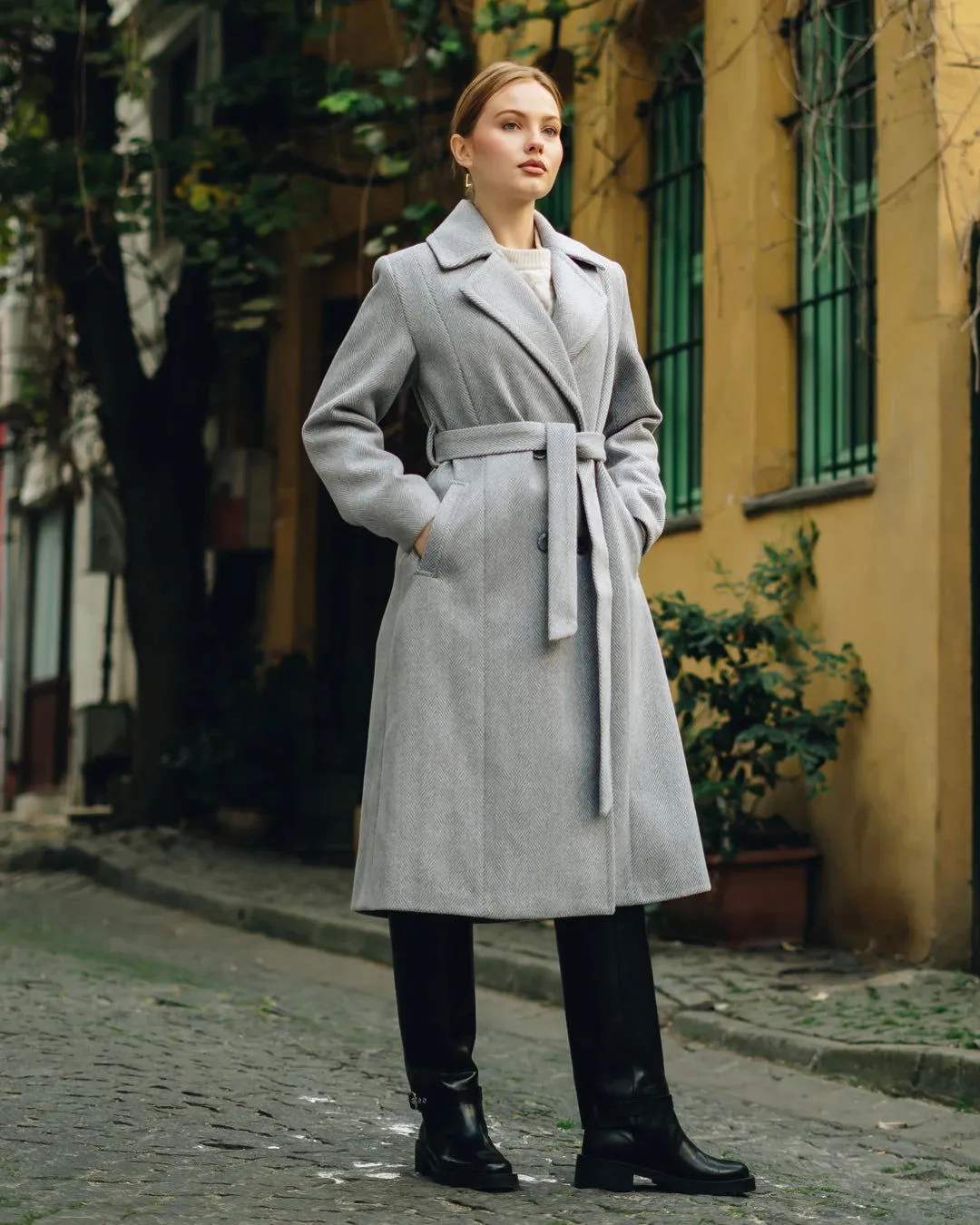 Women's Herringbone Double-Breasted Coat - Grey - SCB-W12412