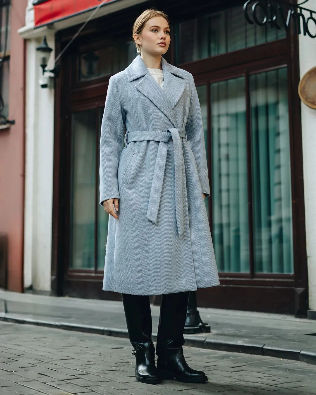 Women's Herringbone Double-Breasted Coat - Light Blue - SCB-W12411