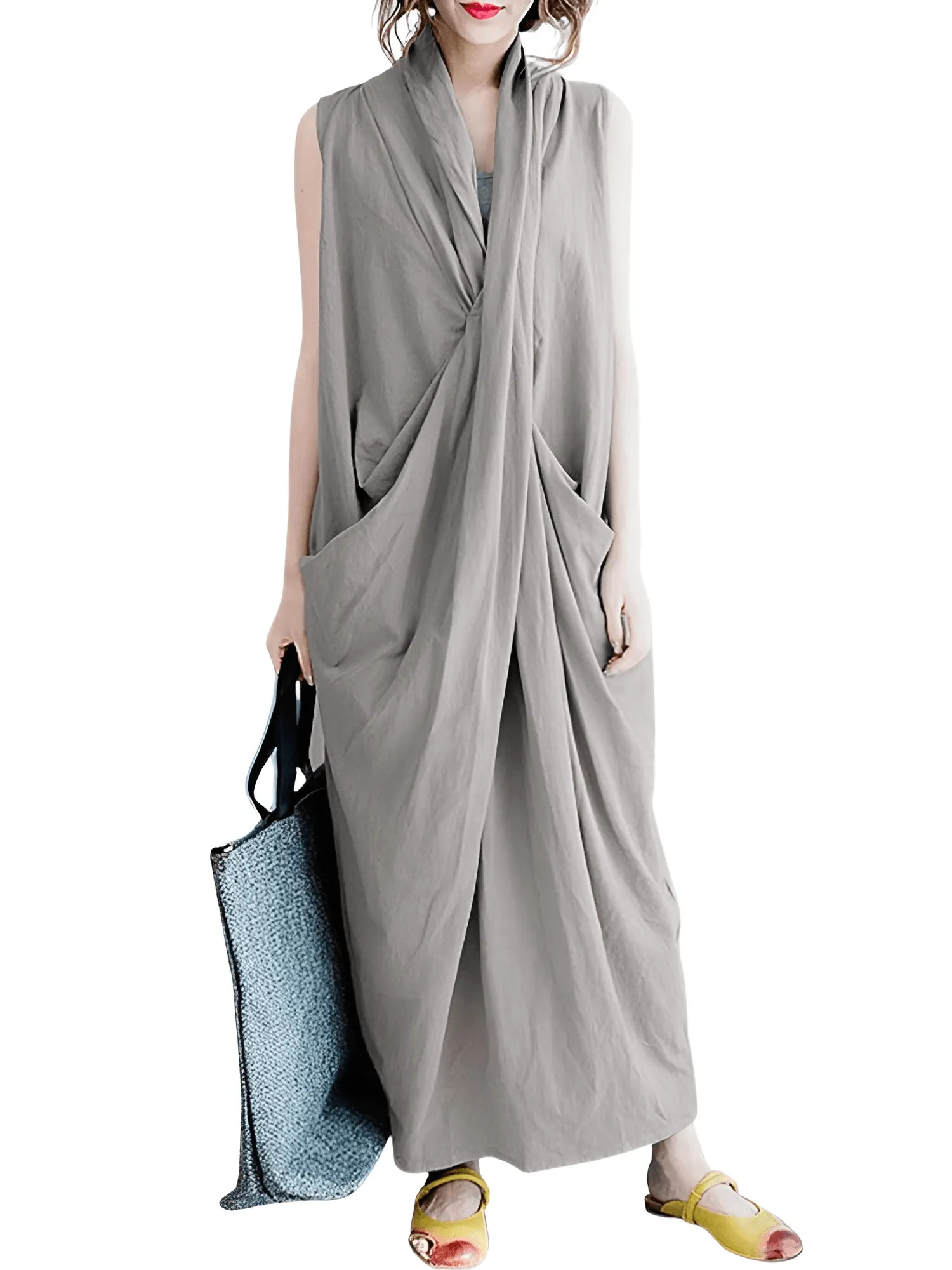 Women's Oversize Asymmetrical Maxi Dress V Neck Sleeveless Baggy Dress With Pockets