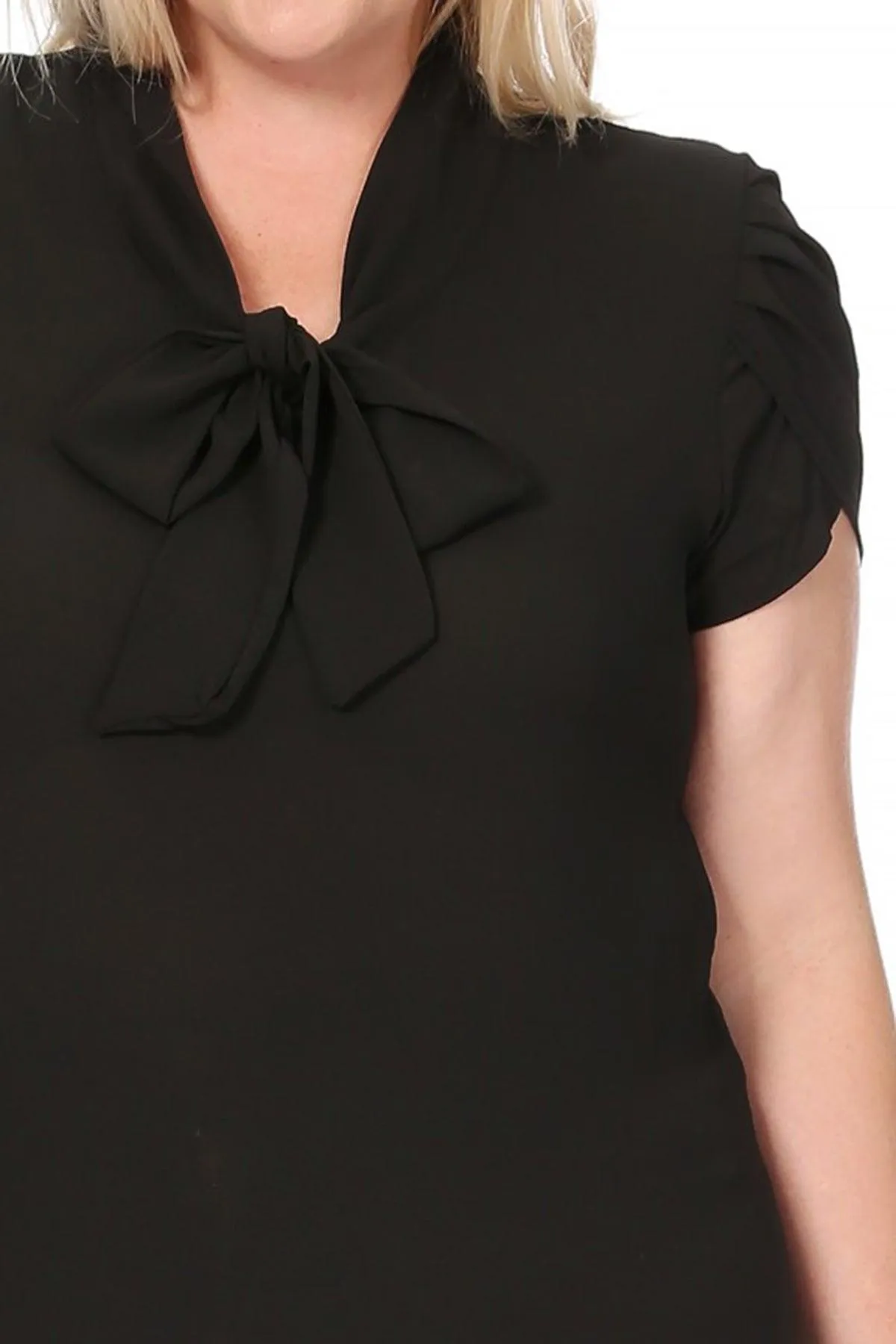 Women's Plus Size Solid Petal Sleeve Bow Tie Neck Short Sleeve Blouse